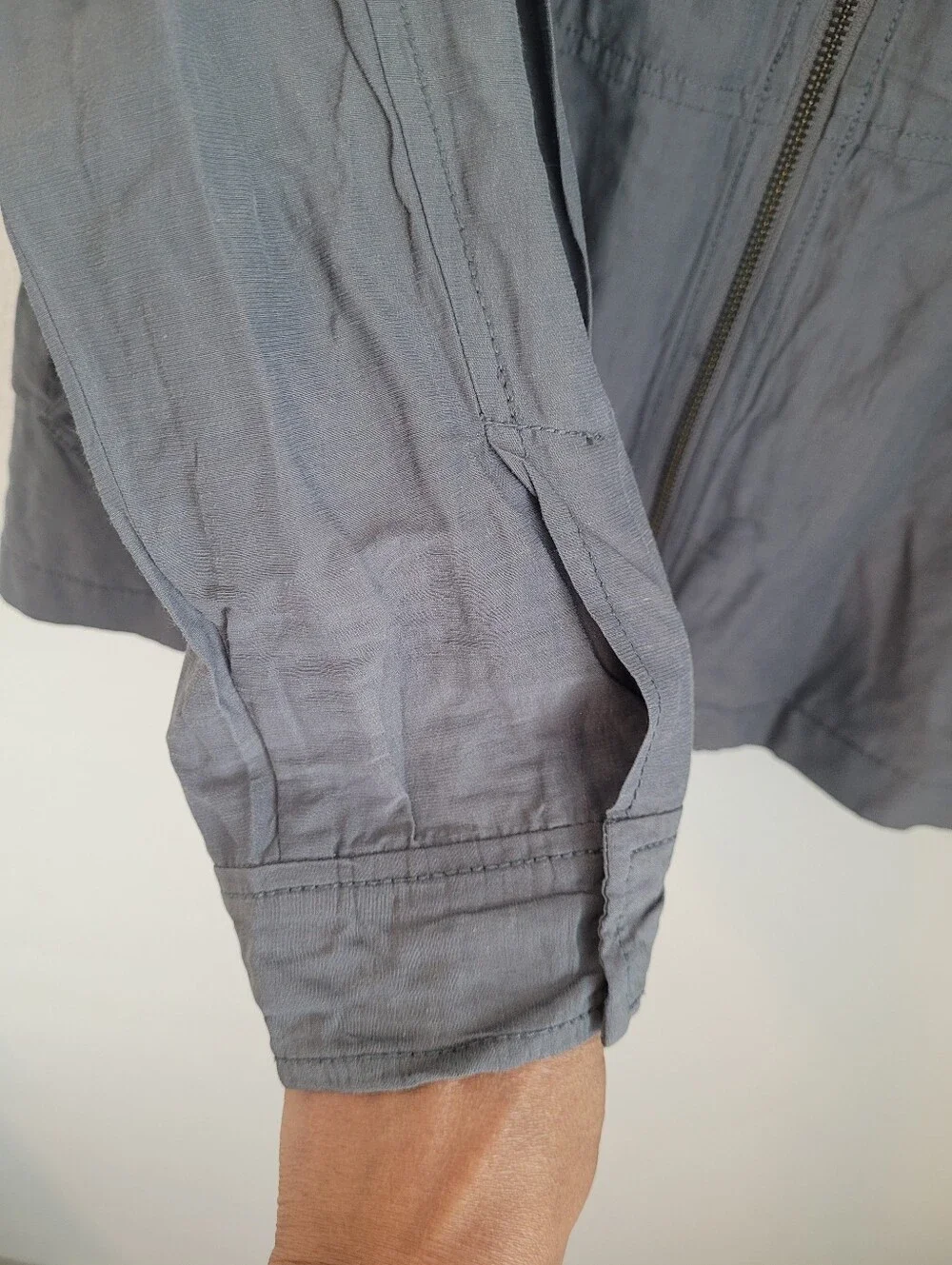 Eileen Fisher Grey Cotton Metallic Zip Front Light Jacket Collarless Utility M